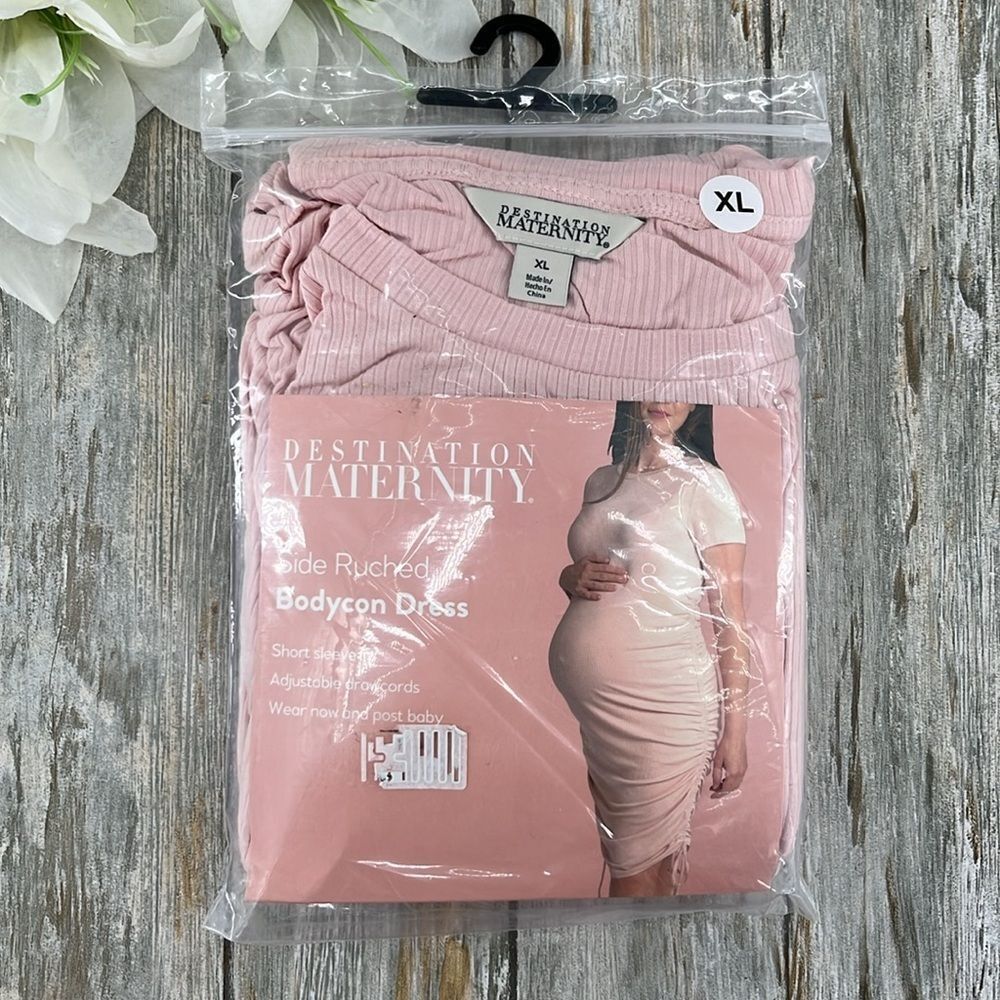 Destination Maternity Ruched Bodycon Dress with Short Sleeves, Size XL